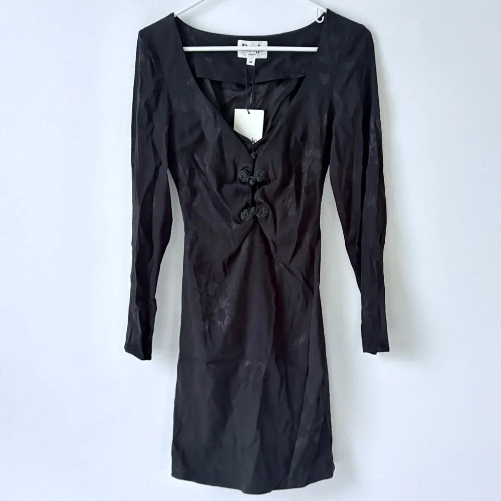 ROUJE PARIS Nancia Floral Jacquard Silk Satin Black Mini Dress Frog Knot Detail - Picture 11 of 16